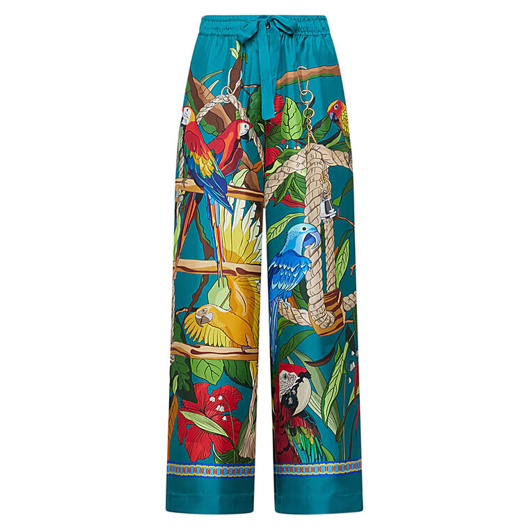 Silk Wide-Leg Parrot Print Pant image number null