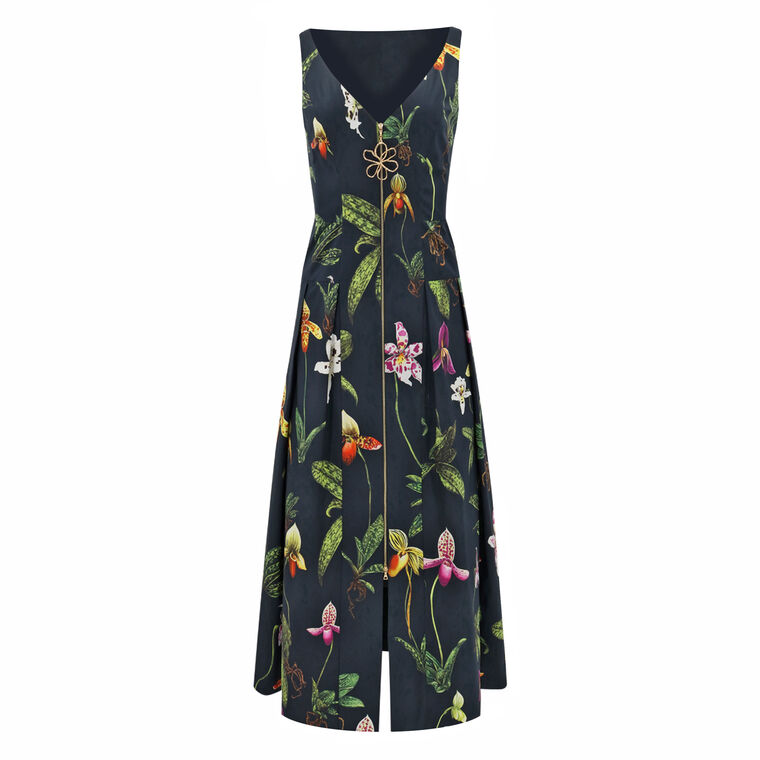 Orchid Print Cotton Poplin Zip Front Sleeveless Dress image number null