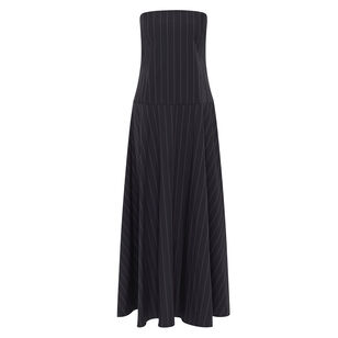 Strapless Pinstripe Rouleau Midi Dress
