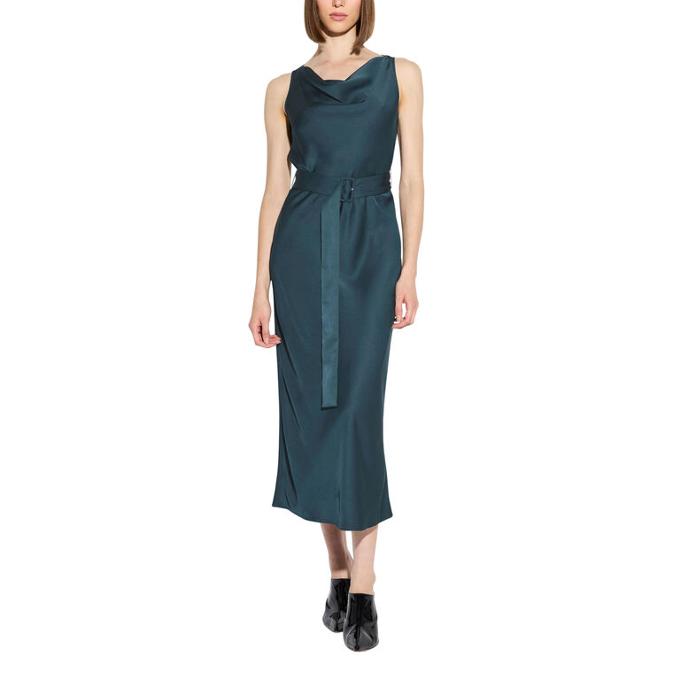 Lightweight Satin Bias Belted Midi Dress image number null