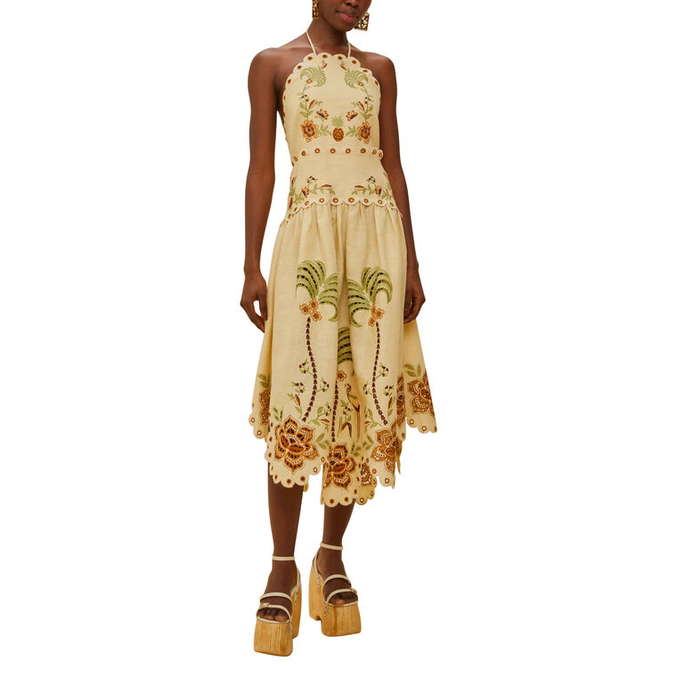 Delicate Forest Embrodered Linen Halterneck Midi Dress image number null