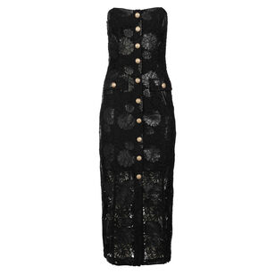 Misha Strapless Vegan Leather Guipure Lace Midi Dress