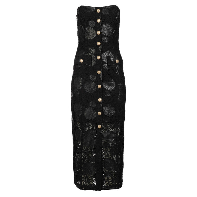 Misha Strapless Vegan Leather Guipure Lace Midi Dress image number null
