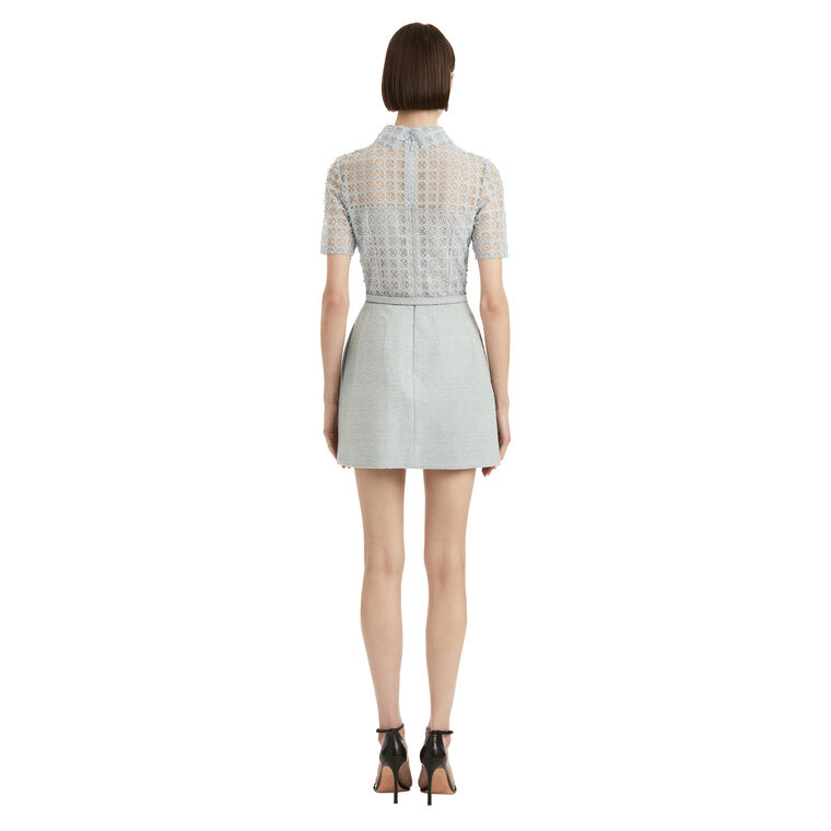 Short Sleeve Geometric Floral Guipure Tweed Belted Mini Dress image number null