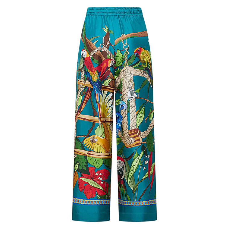 Silk Wide-Leg Parrot Print Pant image number null