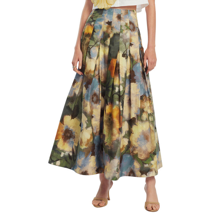 Floral Printed Cotton Full A-Line Midi Skirt image number null