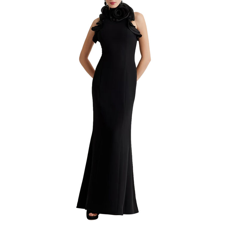 Stretch Crepe Ruffled Halter Gown image number null