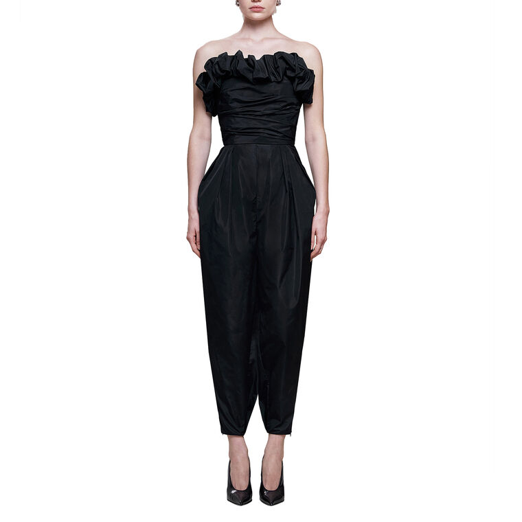 Draped Strapless Taffetta Jumpsuit With Ruffle Details image number null