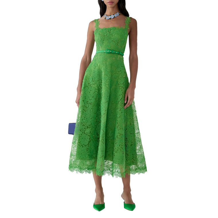 Slim Strap Square Neck Belted Lace Midi Dress image number null