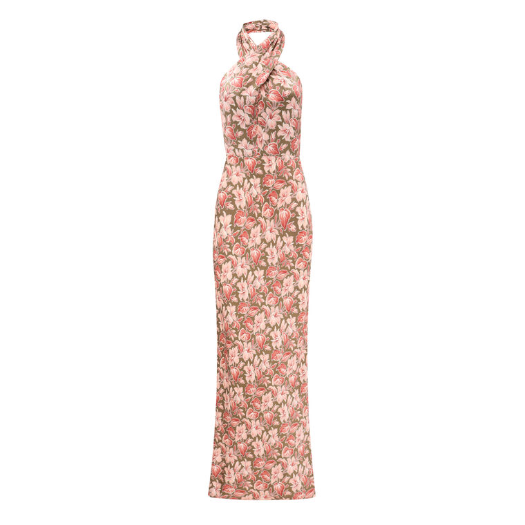 Alberta Floral Halter Neck Silk Dress image number null