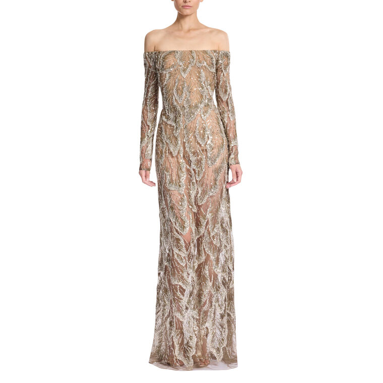 Off-The-Shoulder Embroidered Tulle Long Sleeve Maxi Dress image number null