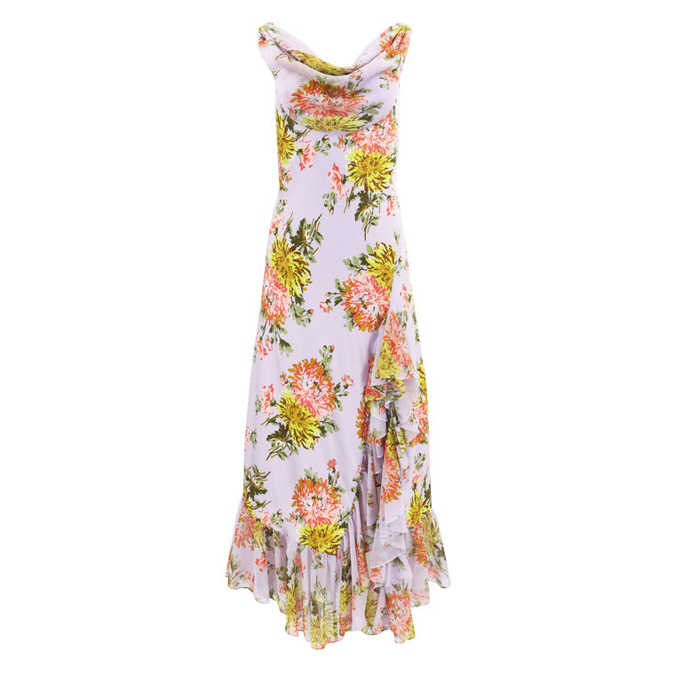 Faded Chrysanthemum Draped Neck Ruffle Dress image number null