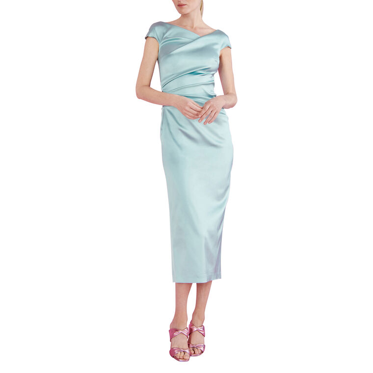 Short Sleeve Stretch Satin Duchesse Midi Dress image number null