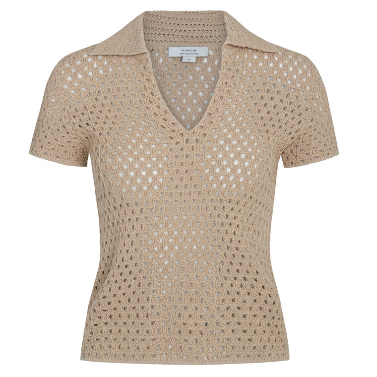 Short Sleeve Macrame Cotton Polo Sweater image number null