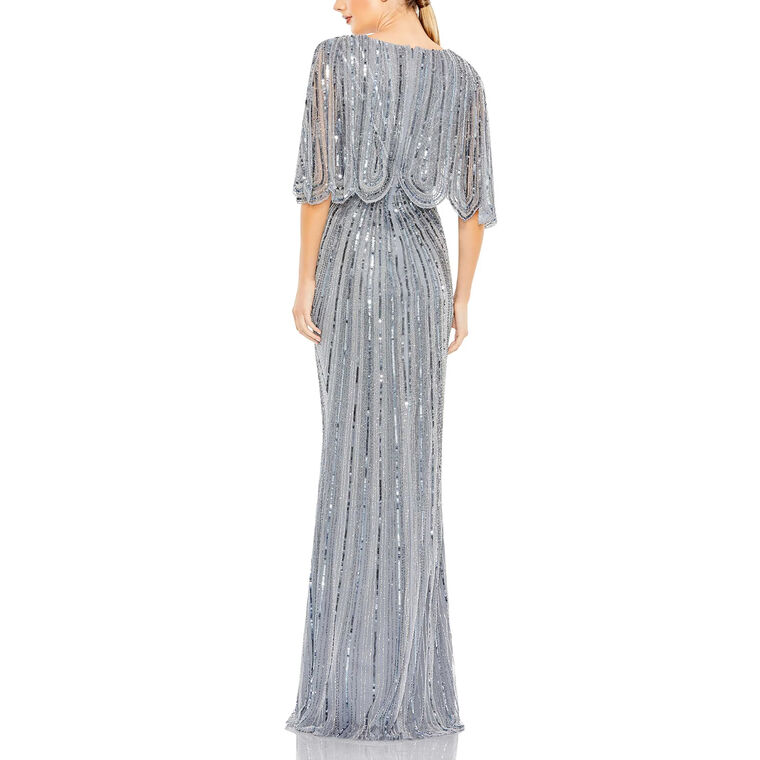 Sequined V-Neck Cape Sleeve Column Gown image number null