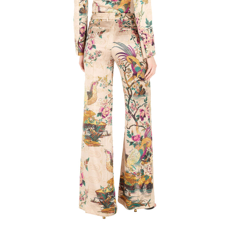 Bird Print Silk Satin Wide Leg Trouser image number null
