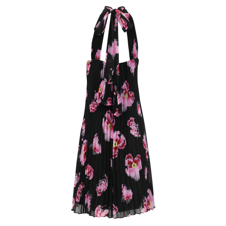 Cassy Pleated Floral Print Chffon Halter Midi Dress image number null