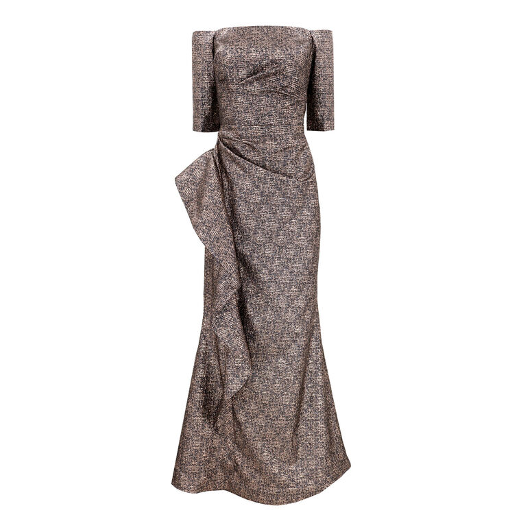 Metallic Jacquard Off Shoulder Ruffle Gown image number null