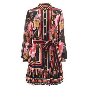 Chenille Flowers Print Long Sleeve Belted Mini Dress