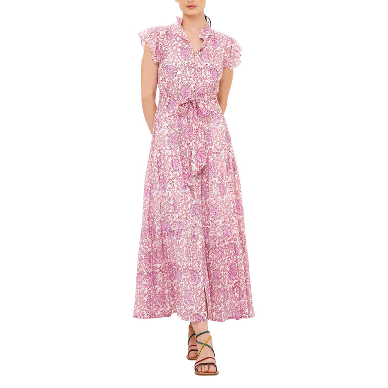 Ruffle Collar Cap Sleeve Button Front Maxi Dress image number null
