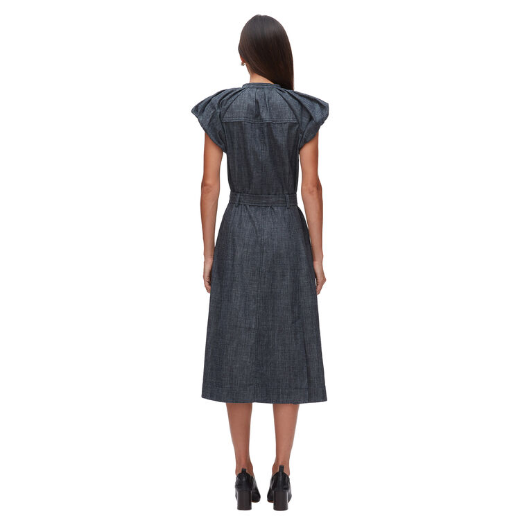 Denim Shirting Puff Sleeve Belted Midi Dress image number null