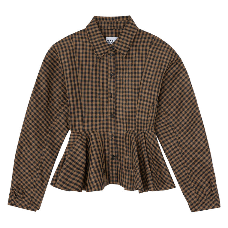 Short Sleeve Crinkled Taffeta Check Print Peplum Top image number null