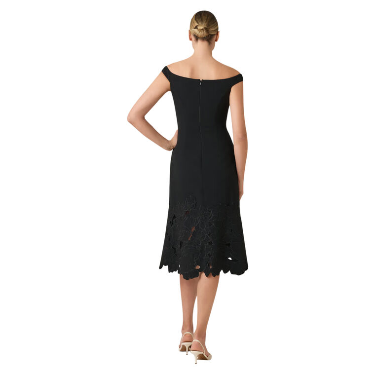 Off-The-Shoulder Sweetheart Neckline Ponte Flower Trim Midi Dress image number null