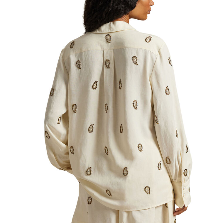 Beaded Woven Long Sleeve Collared Blouse image number null
