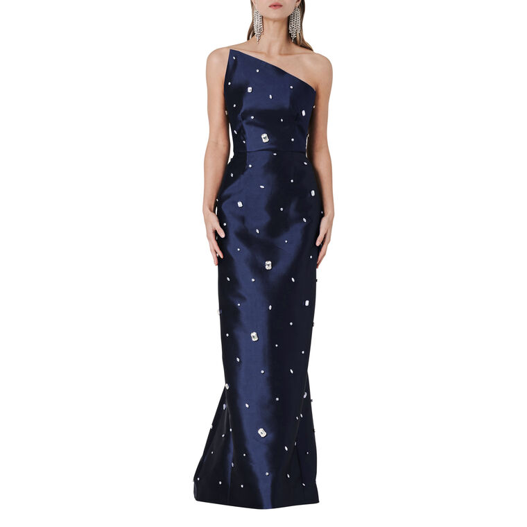 Strapless Asymmetrical Gown With Scattered Gems image number null