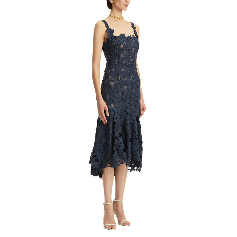 Guipure Asymmetric Trumpet Midi Day Dress image number null