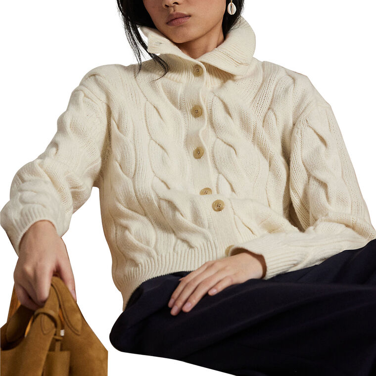 Cable Wool-Cashmere Mock Neck Cardigan Sweater image number null