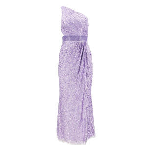 Sequined One Shoulder Draped Lace Up Gown