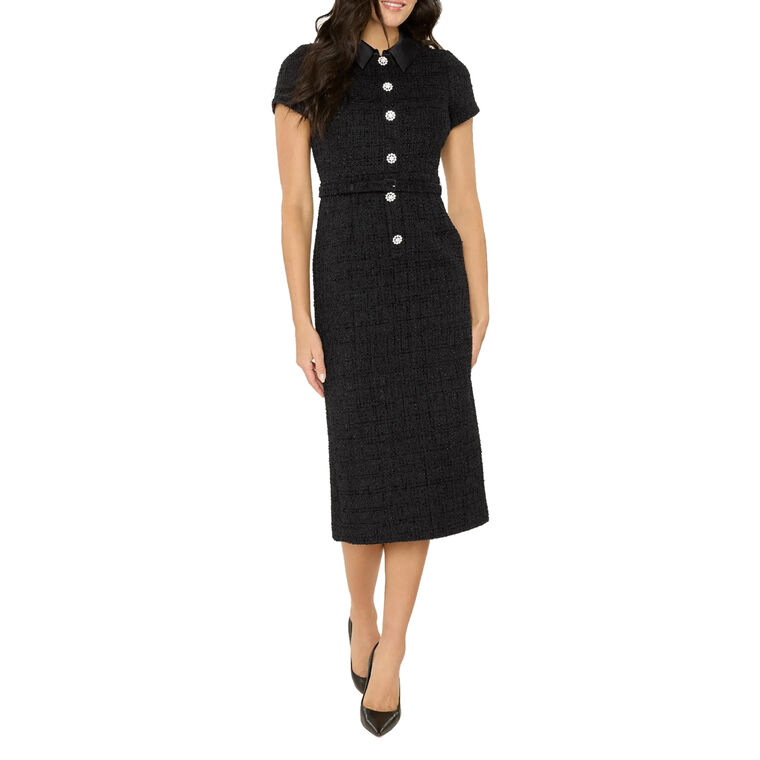 Bardot Short Sleeve Button-Front Tweed Midi Dress image number null