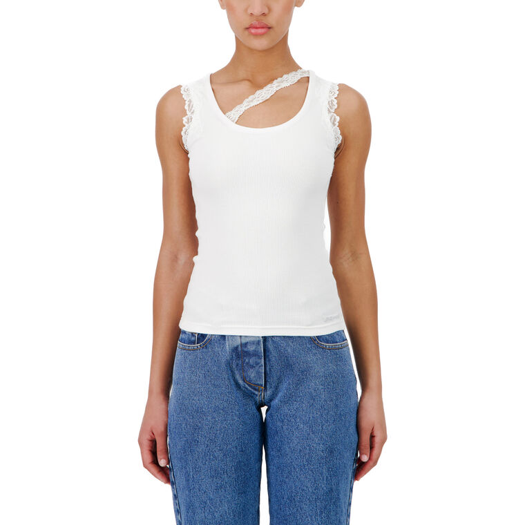 Ribbed Tank Top With Lace Trim Neckline image number null