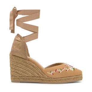 Joyce Etro Floral Embroidered Closed Toe Ankle Wrap Wedge Sandal