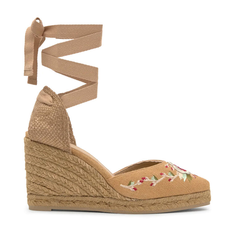 Joyce Etro Floral Embroidered Closed Toe Ankle Wrap Wedge Sandal image number null