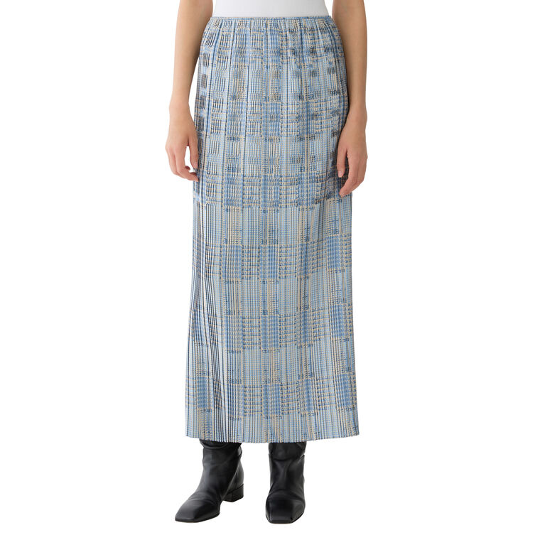 Glen Plaid Print Basketweave Plisse Midi Skirt image number null