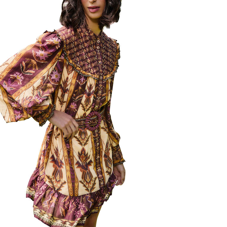 Embroidered Tapestry Print Long Sleeve Mini Dress image number null