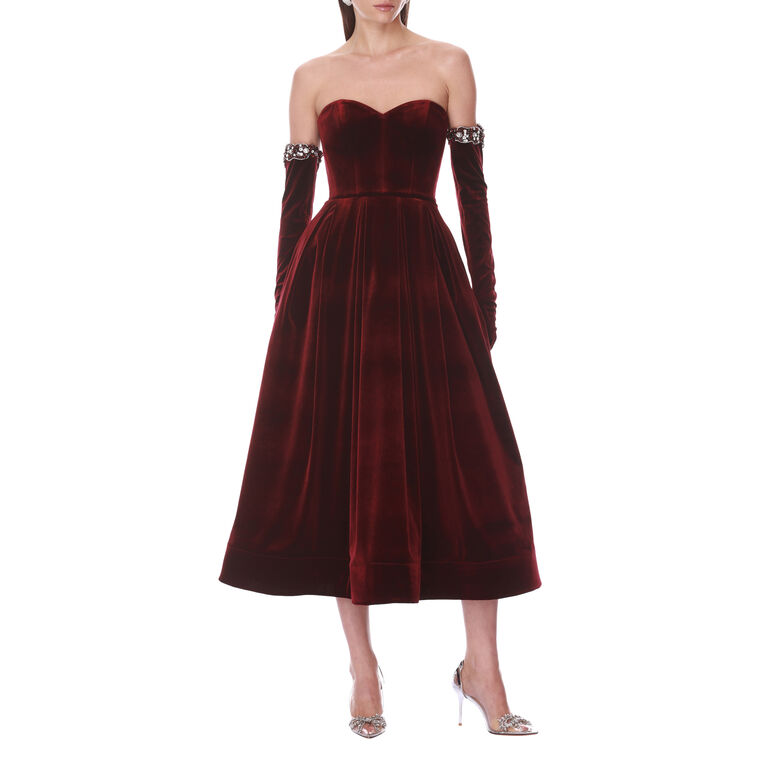 Velvet Strapless Midi Dress With Gloves image number null