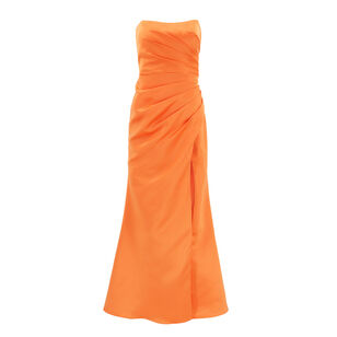Strapless Gathered High Slit Gown