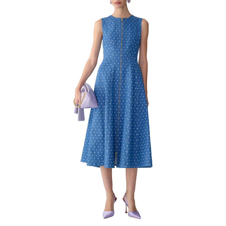Sleeveless Polka Dot Denim Midi Dress image number null
