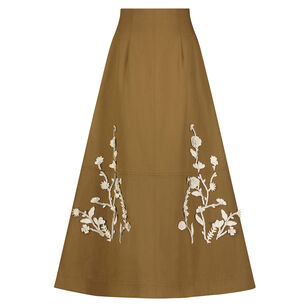 Leather Floral Embroidered Rustic Stretch Cotton Midi Skirt