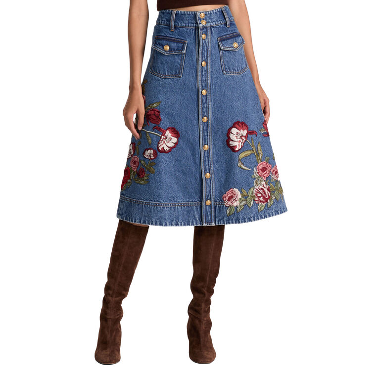 Dahlia Embroidered Denim Button Down Midi Skirt image number null