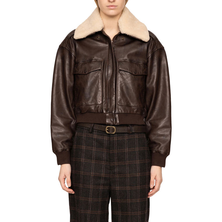 Lenoir Leather Cropped Bomber Jacket image number null