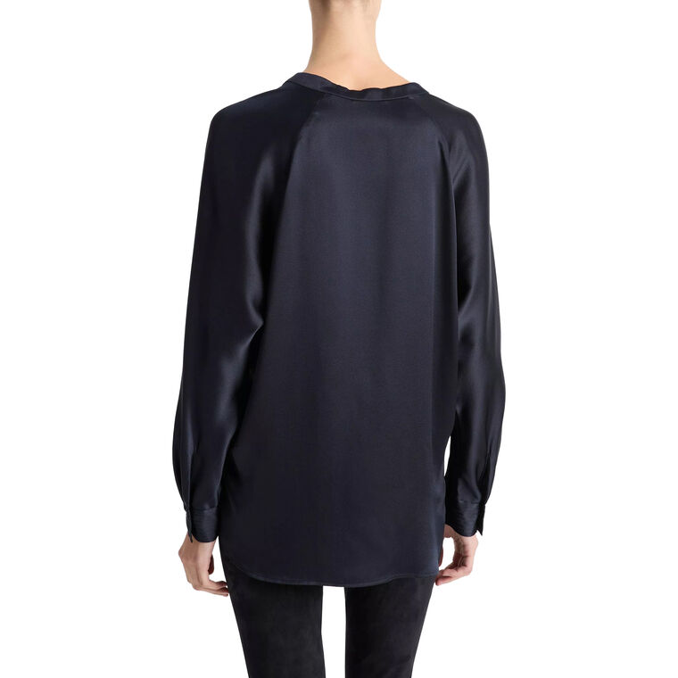 Long Sleeve Silk Satin Band-Collar Blouse image number null