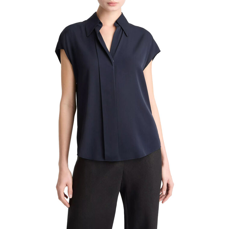 Stretch-Silk Hidden-Placket Cap-Sleeve Blouse image number null