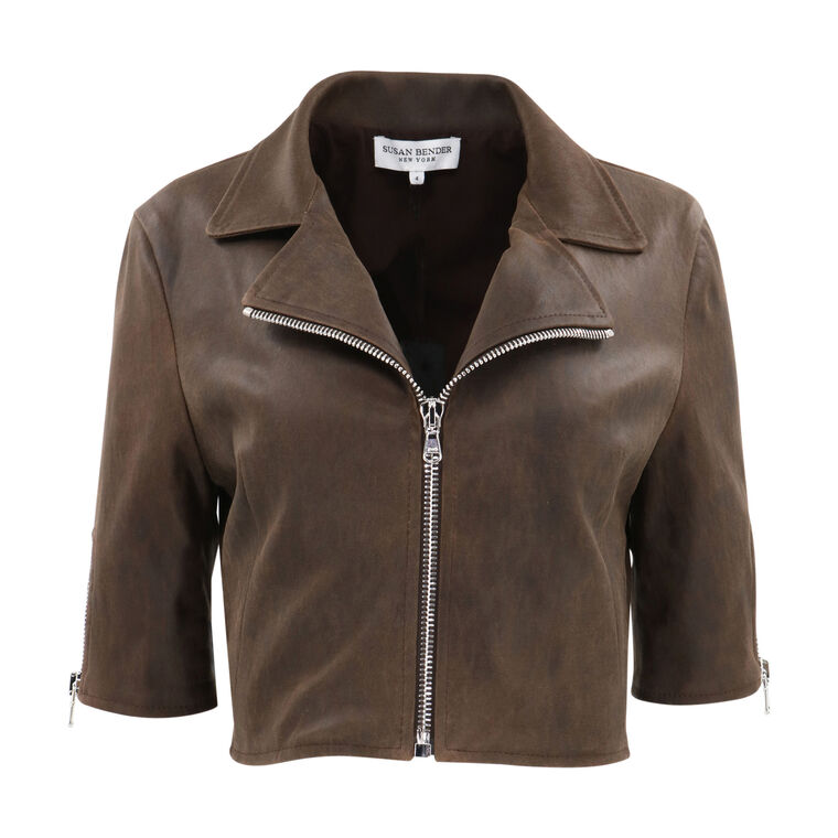 Short Sleeve Leather Cropped Moto Jacket image number null