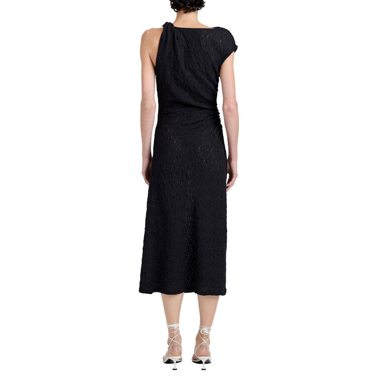 Astra Short Sleeve Ruched Asymmetric Midi Dress In Stretch Lace image number null