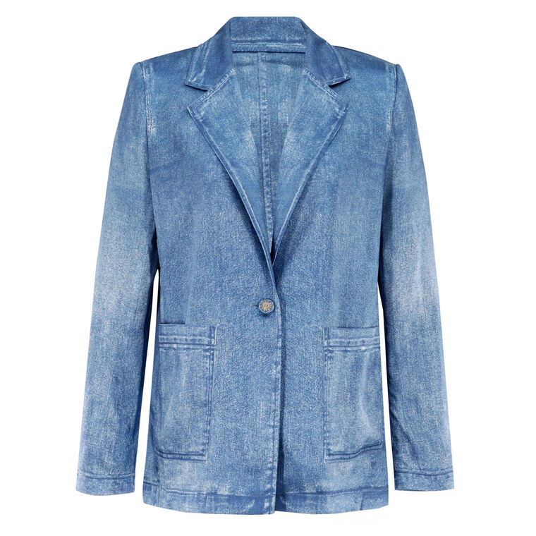 Veronica Denim-Print Satin Blazer image number null