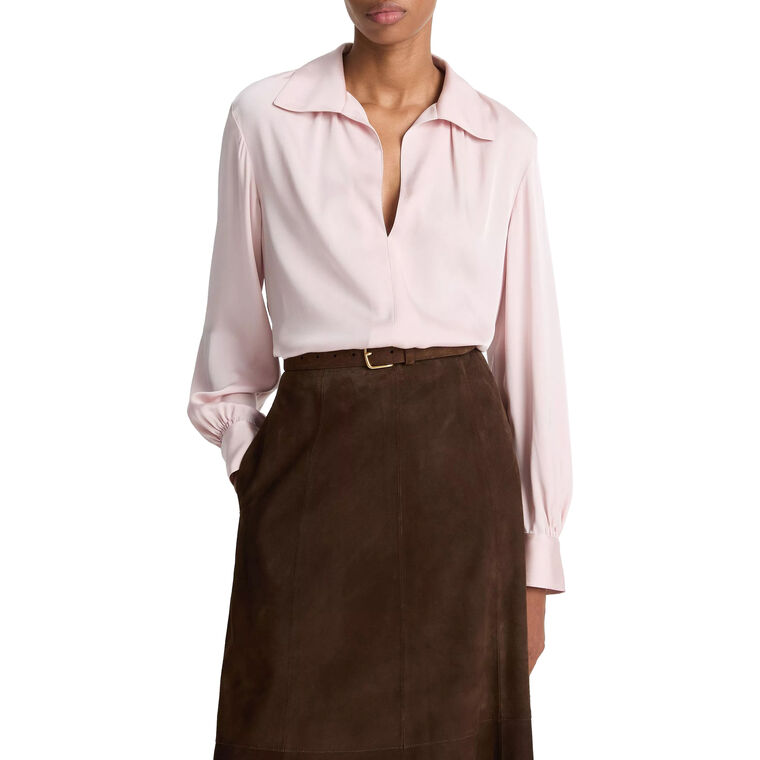 Smocked Long Sleeve Silk-Blend Blouse image number null